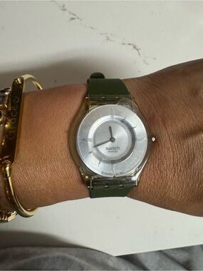 Swatch Olive Green Strap Silver Dial Minimalist Watch